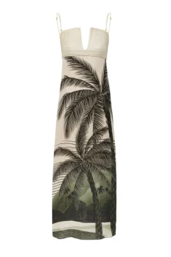 Antigua Linen Midi Dress in Green Tropical