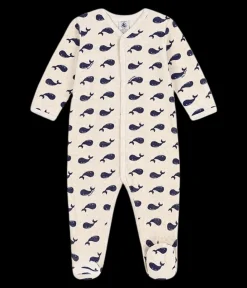 Baby Boy Navy Whale Romper in Oatmeal
