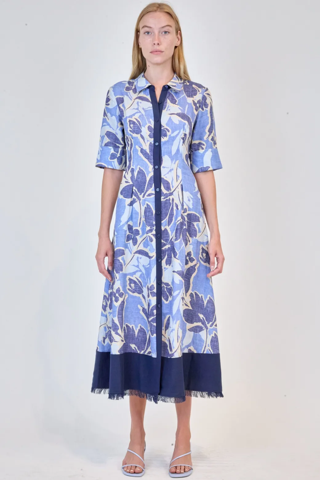 Claudine Shirt Midi Dress in Blue Floral