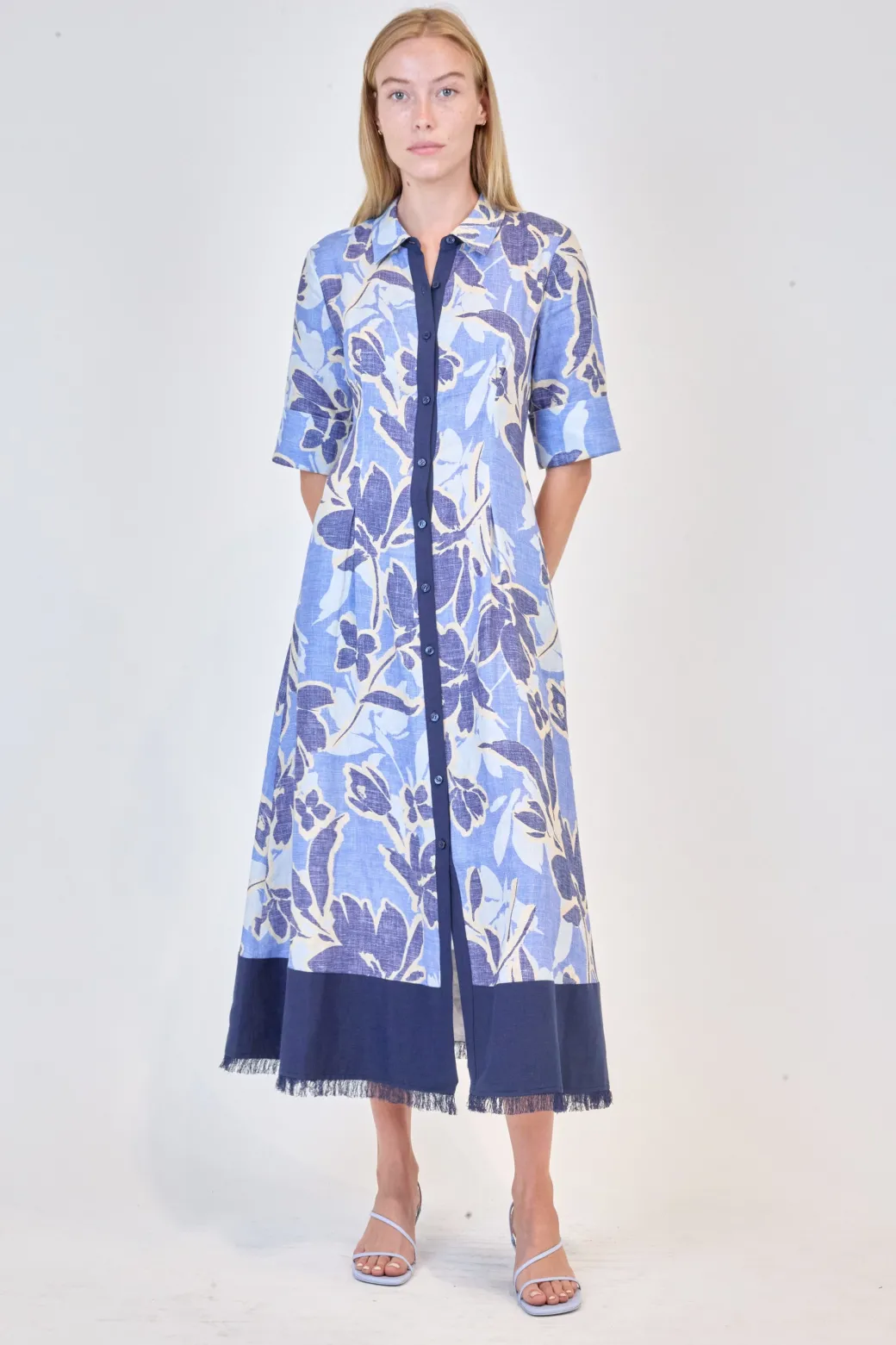 Claudine Shirt Midi Dress in Blue Floral
