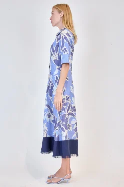 Claudine Shirt Midi Dress in Blue Floral