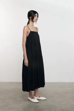 Cool Cotton Strappy Tiered Dress in Black