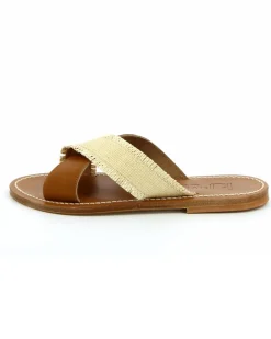 Criss Cross Slide Sandals in Tan and Raffia