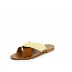 Criss Cross Slide Sandals in Tan and Raffia