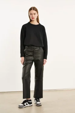 Cropped Baggy Leather Trouser in Black