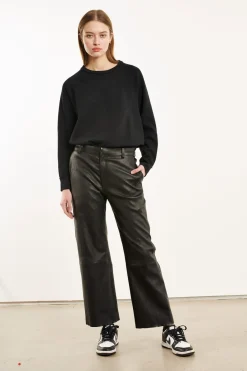 Cropped Baggy Leather Trouser in Black