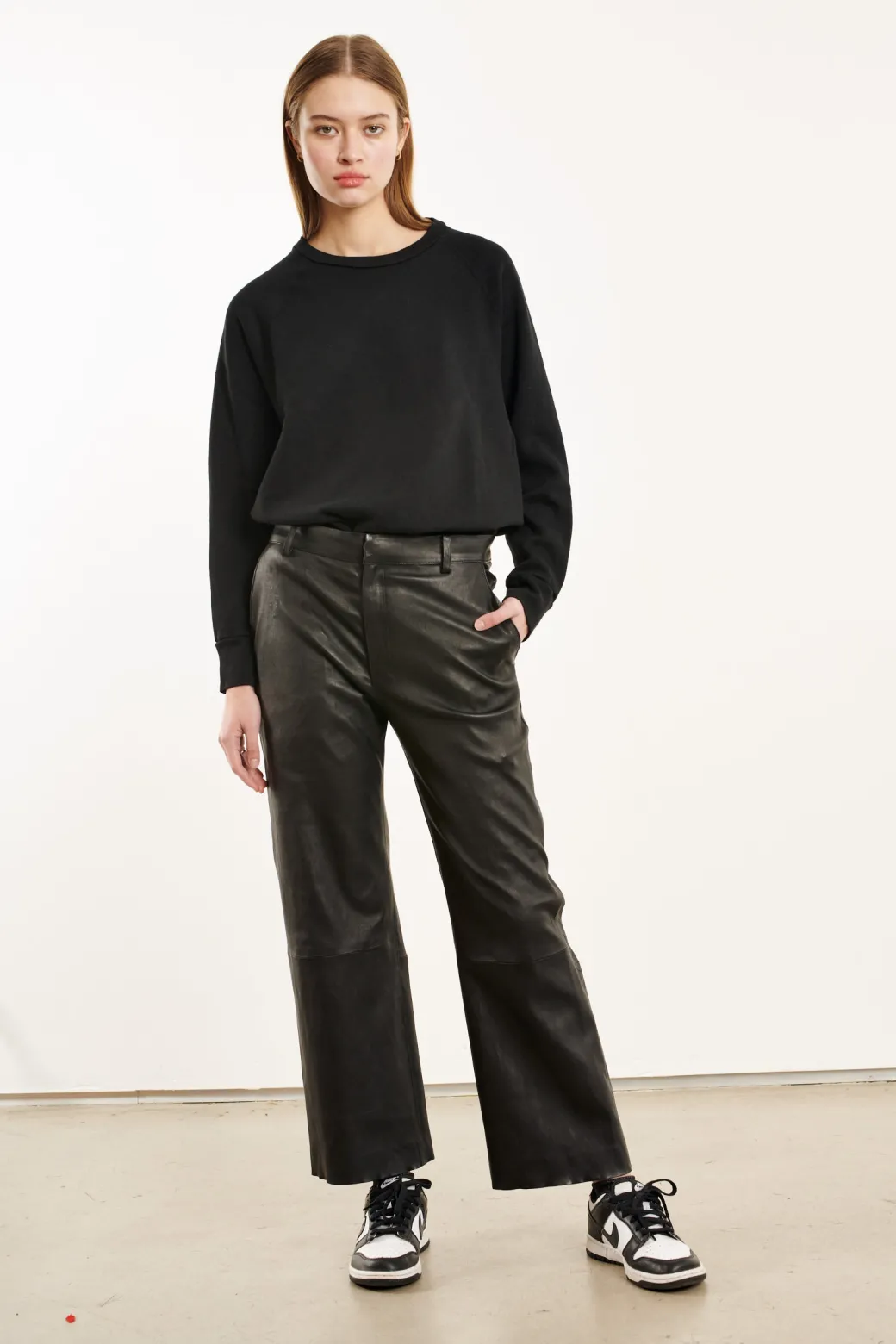 Cropped Baggy Leather Trouser in Black