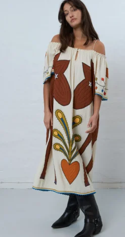 Embroidered Strap Midi Dress in Ivory