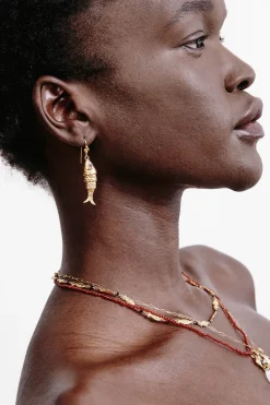 Gold Koi Earring with Garnet