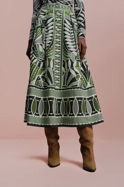 Lace Nature Maxi Flared Skirt in Black and Green