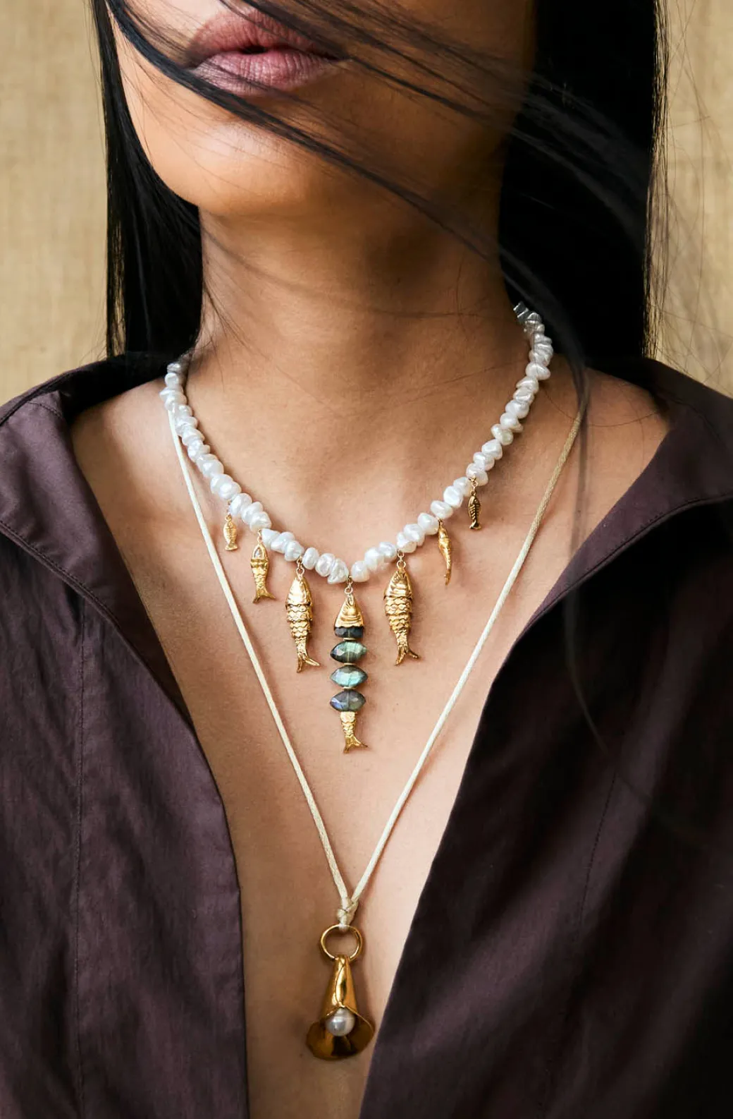 Pearl in Shell Corded Necklace in Yellow Gold