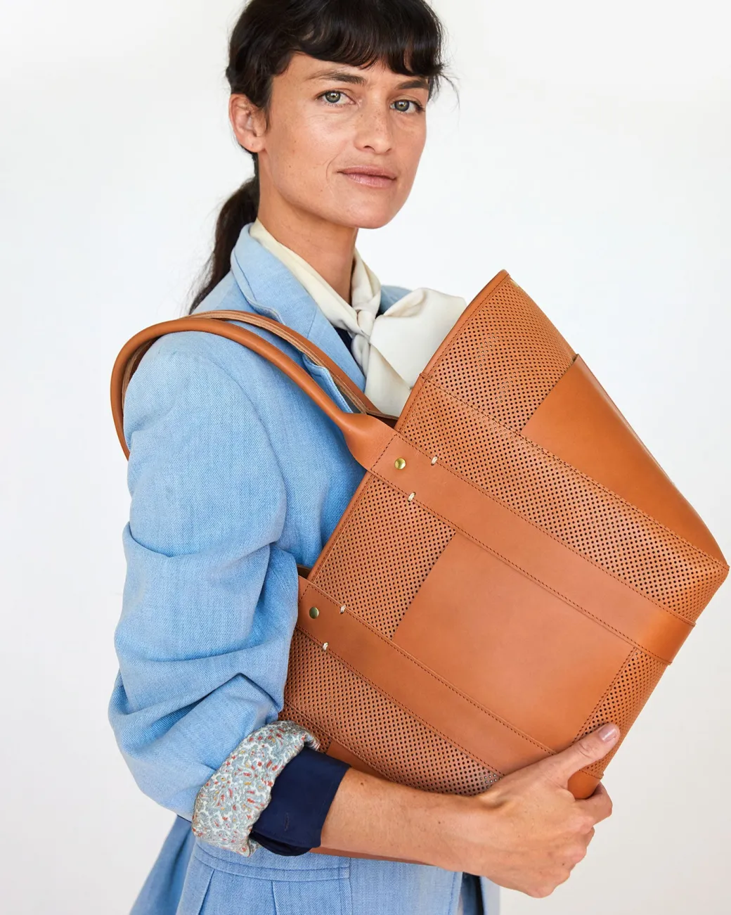 Perforated Le Box Tote in Cuoio