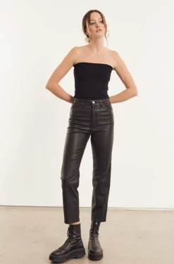 5 Pocket Straight Leg Leather Pants in Black