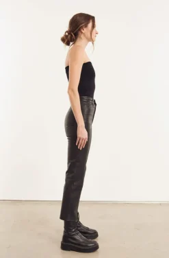 5 Pocket Straight Leg Leather Pants in Black