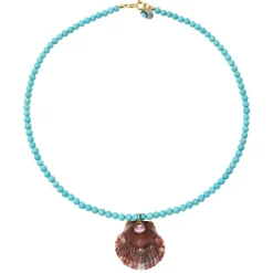 Turquoise Beaded Necklace with Shell and Pink Sapphire