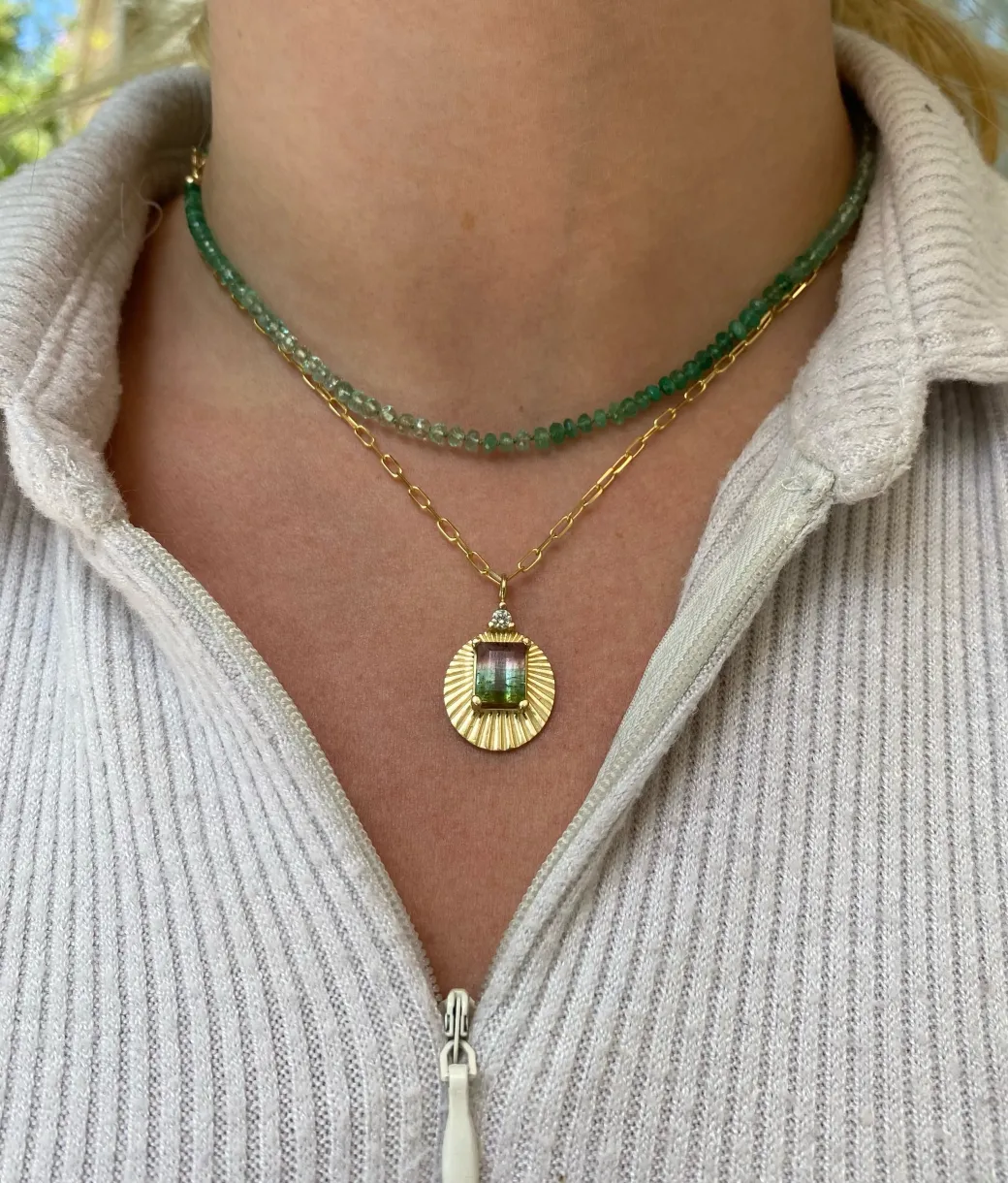 Watermelon Tourmaline Pendent Necklace in Yellow Gold