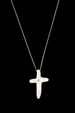 White Baroque Pearl Cross Necklace with Champagne Diamond